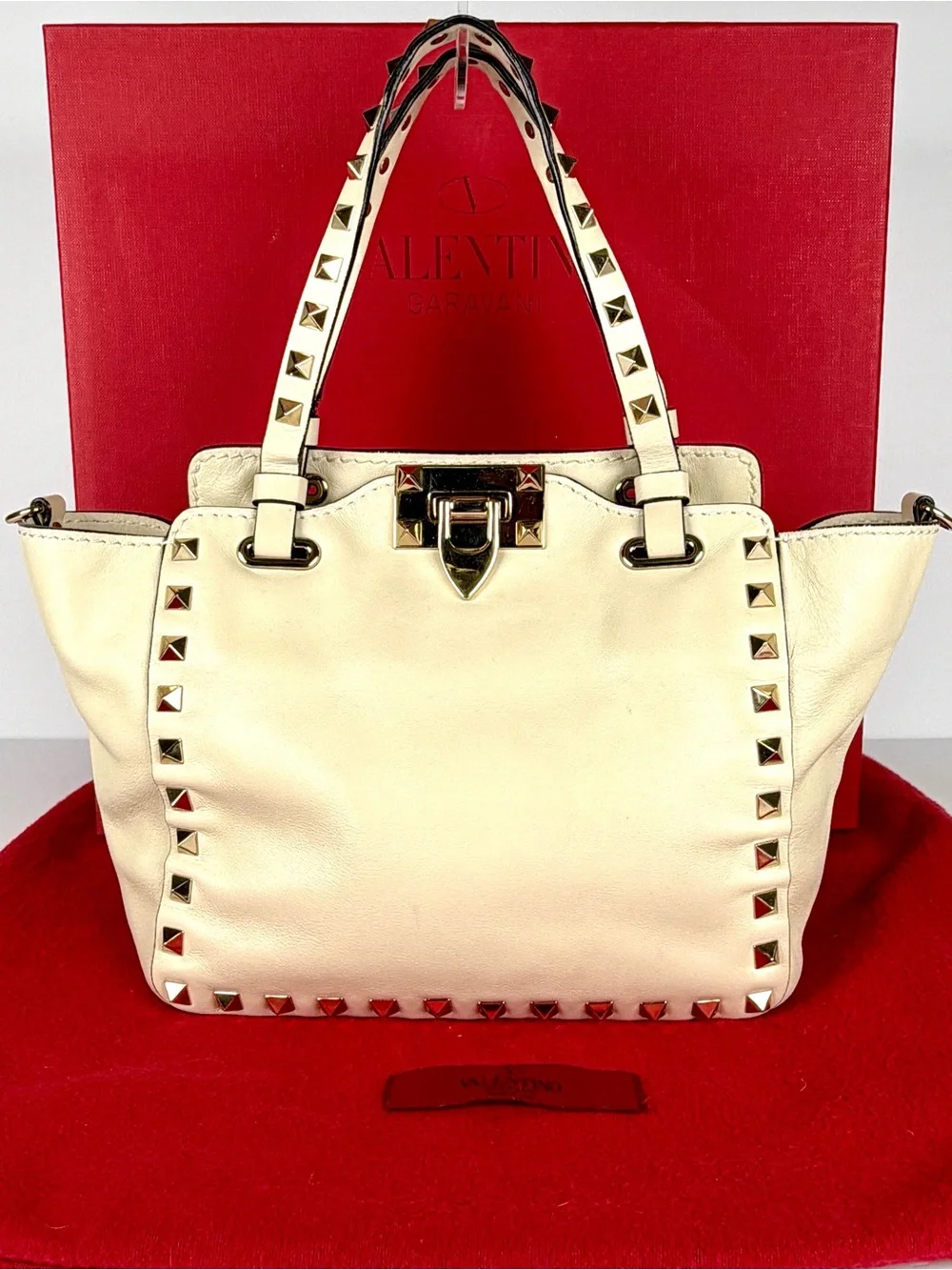 Valentino Garavani Compact Ivory Rockstud Tote Leather 2-Way Crossbody Full Set